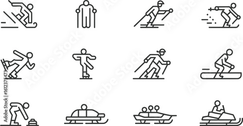 Line Art of Winter Sports Icons, Featuring Snowboarding, Skiing