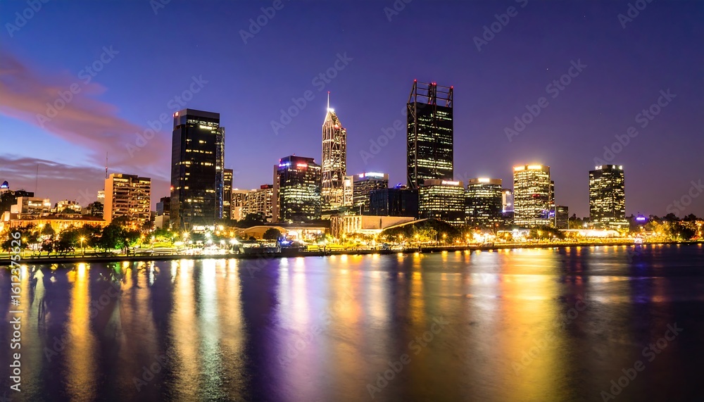 Obraz premium City skyline at night reflecting on water (1)