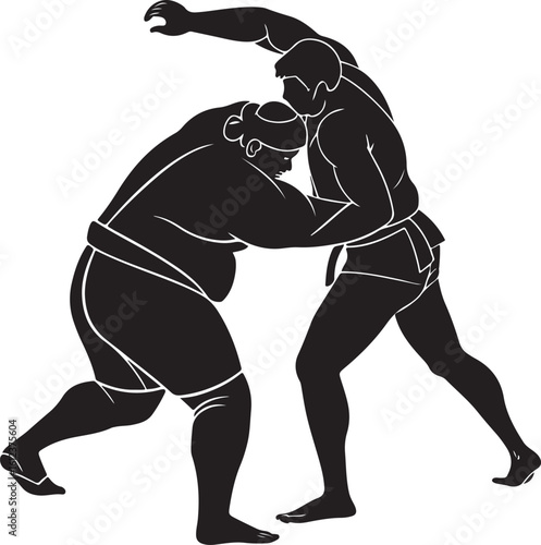 Illustration of two wrestlers in action wrestling and engaging in a powerful grappling contest