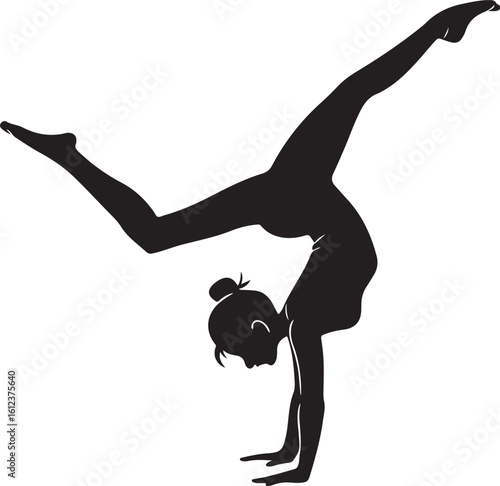 Silhouette of a graceful female gymnast performing a handstand with leg extension