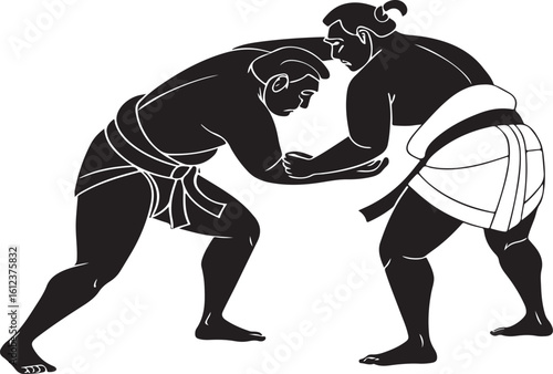 Sumo wrestlers in action a black and white graphic depicting a wrestling match