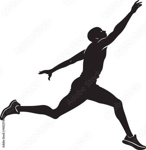Silhouette of an athlete leaping forward reaching for a goal against a clean white backdrop.