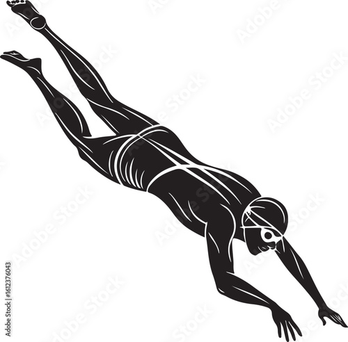 Black and white illustration of a swimmer diving into the water performing freestyle