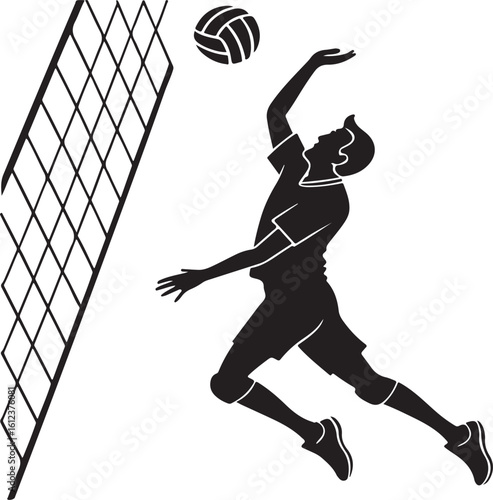 Silhouette of a volleyball player spiking the ball near the net on a white background
