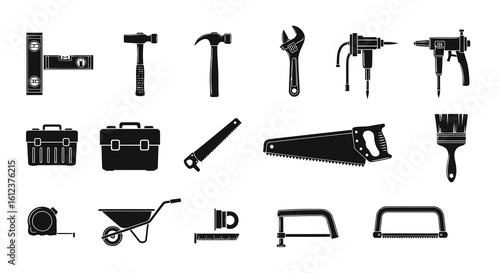 Vector illustration of vector art of collection of construction tools silhouettes isolated on white background