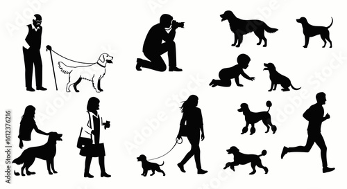 Vector illustration of vector art of collection of people with dogs silhouettes isolated on white background