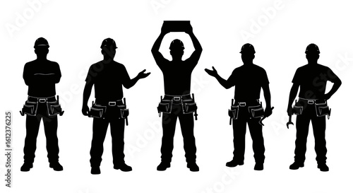 Vector illustration of vector art of silhouettes of construction workers with tools on a white background