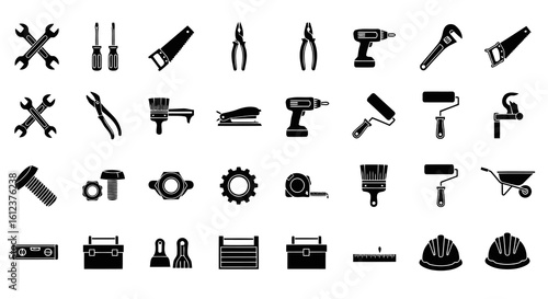Vector illustration of vector art of silhouette illustrations of various construction and repair tools on white