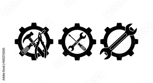 Vector illustration of vector art of silhouettes of gears with tools inside isolated on white background