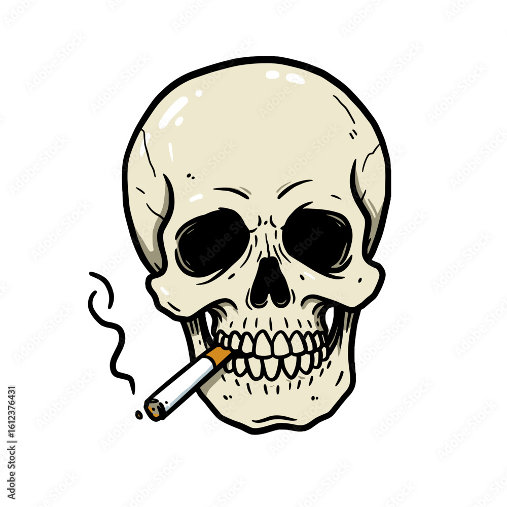 Obraz premium Cartoon skull smoking cigarette with an expressive look 