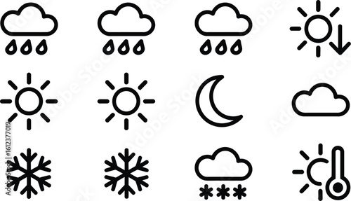 Collection of Weather Condition Icons, Including Rain, Sun