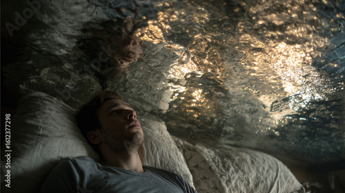 Dreamlike State: A man lies peacefully asleep in bed, his silhouette subtly illuminated beneath a dreamscape.