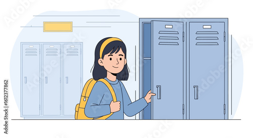 Student Opening Her Locker Before Or After Classes At The School Hallway