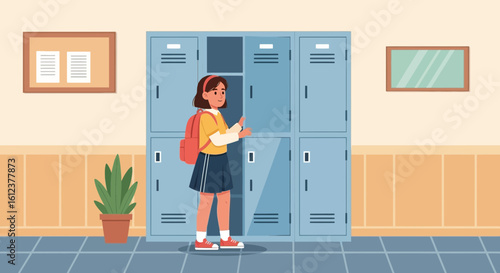 Student Opening School Locker With Backpack In Hallway For Education Concept