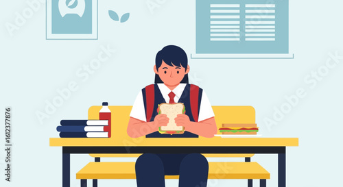 Student Lunchtime: A Cartoon Illustration of a Teenager Enjoying a Sandwich