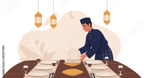 Preparing Iftar Dinner Table For Ramadan Celebration At Home Together