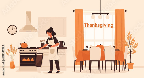 Preparing Thanksgiving Dinner at Home with Festive Decor in the Kitchen