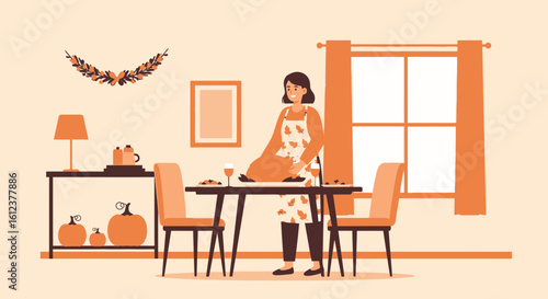 Preparing Thanksgiving Dinner: Woman Serving Roasted Turkey in Cozy Dining Room