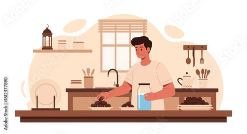 Preparing Iftar Meal Man Reaching For Dates In Kitchen During Ramadan