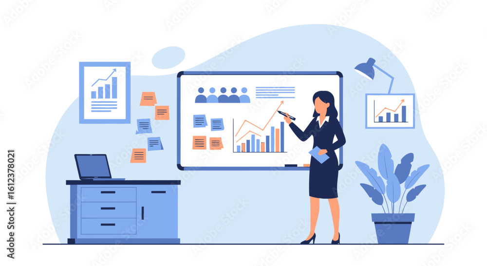 Fototapeta premium Professional Woman Presenting Data Analysis And Charts On Whiteboard In Office