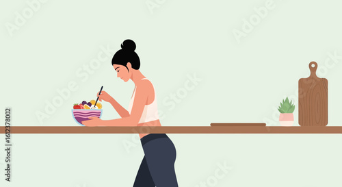 Woman Enjoys Nutritious Fruit Salad Bowl At Home In Minimalist Kitchen