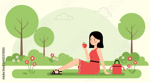 Woman Enjoys Healthy Picnic in A Natural Landscape with Flat Design