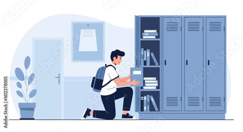 Student organizing books in locker before or after school vector illustration
