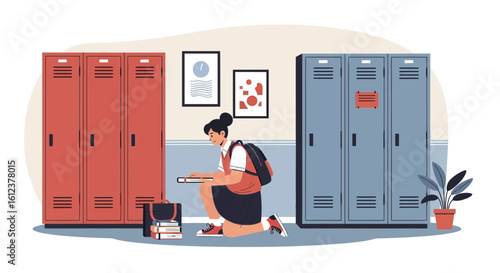 Student Organizing Her Materials In School Hallway Between The Lockers