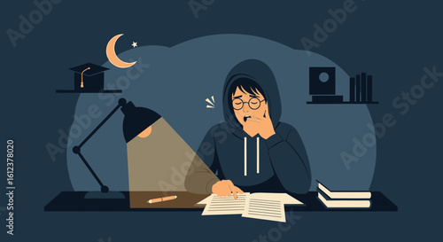Student Preparing For Exam During Night With Books And Desk Lamp Near Bed