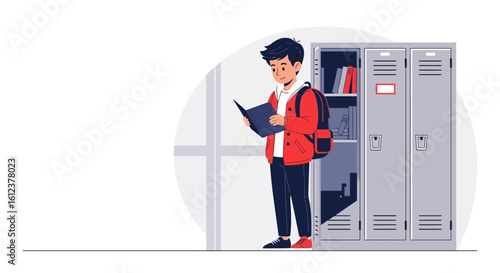 Student Reads A Book In School Corridor Near Lockers For Education