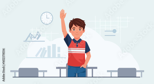 Student Raising Hand In Classroom Asking Question Or Making Contribution