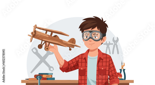 Proud Boy Holding His Finished Wooden Airplane Creation In His Workshop