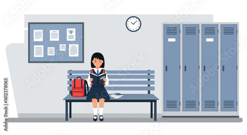 Student Reads Novel On Bench Beside Lockers In School Hallway Illustration