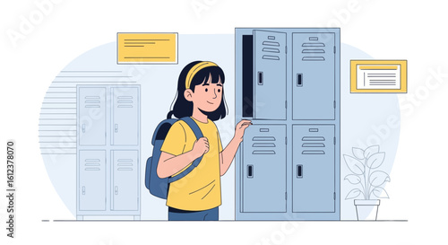 Student Ready For Class Putting Books In Her Locker At School Hallway