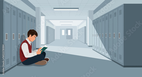 Quiet Moment In School Hallway Student Reading Book Against Lockers