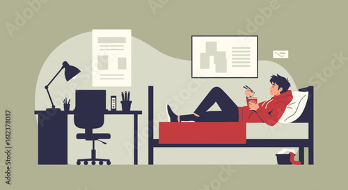 Student Relaxing And Eating Noodles In His Room After Studies Vector