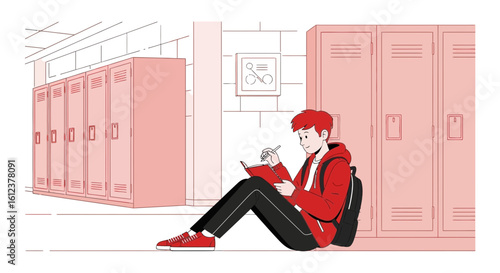 Student Sits In Hallway Taking Notes Near Lockers At School Illustration