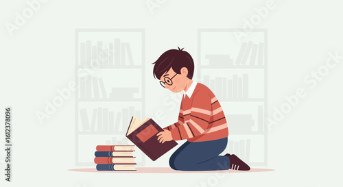 Student Sits Near Bookshelf Reading A Book Vector Illustration