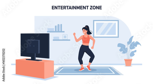 Woman exercising in living room at home watching tv in an entertainment zone