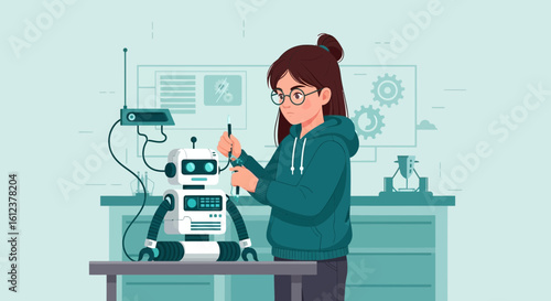 Young Engineer Assembling A Robot In Her Workshop Science And Technology