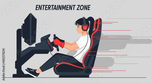 Woman Experiencing Thrilling Virtual Reality Race With Professional Grade Driving Simulator