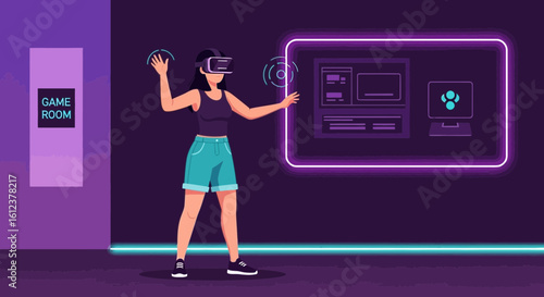 Woman Experiencing Interactive Technology With Virtual Reality Headset Inside Game Room
