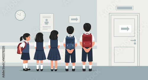 Students wearing uniform standing in a line at school waiting for class to start or end inside building