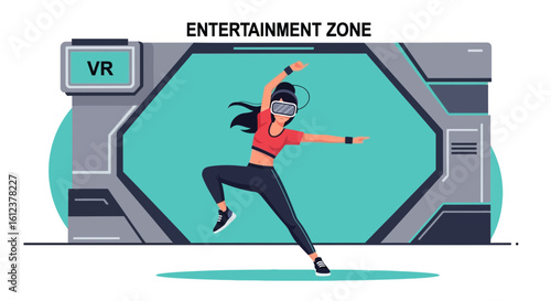 Woman Experiencing Virtual Reality Entertainment In Immersive Gaming Environment