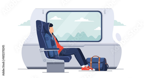 Relaxed Traveler Enjoying Scenery On Train During Journey Commuting