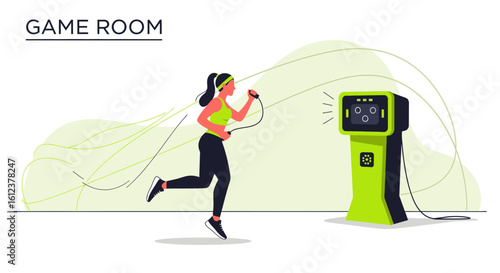 Woman exercising with interactive game in game room for fitness and health technology