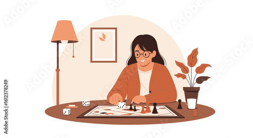 Relaxed woman playing board game indoors adding a cozy and inviting atmosphere