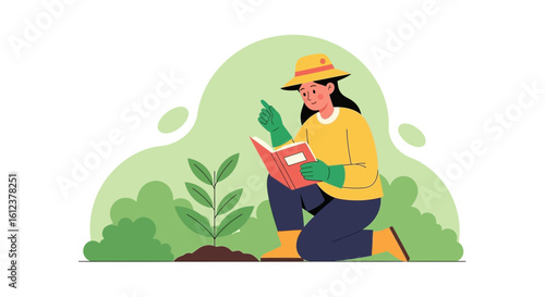 Woman Expertly Planting Sapling While Consulting Gardening Guidebook Outdoors