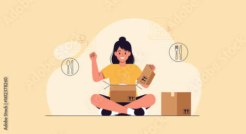 Woman Expressing Joyful Anticipation Opening Online Order Delivery Box