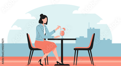 Stylish Woman Relaxing With a Refreshing Cocktail Overlooking the Skyline